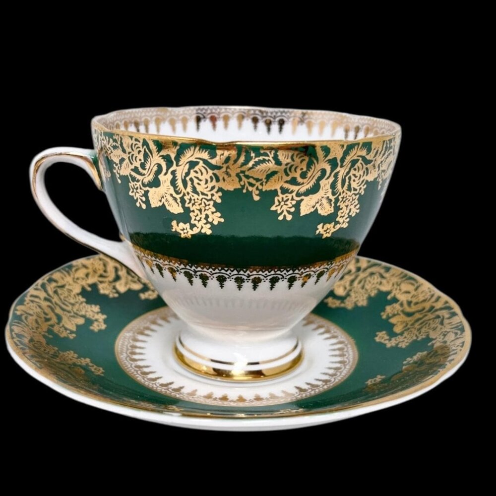 Elegant Gladstone Tea Cup and Saucer, Green Gold Cup Bone China England 36013 fl